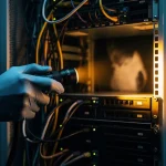 Gehandschoende hand met forensische zaklamp die het binnenste van een serverrack verlicht, kabels en schijfbaaien in amberkleurig licht.