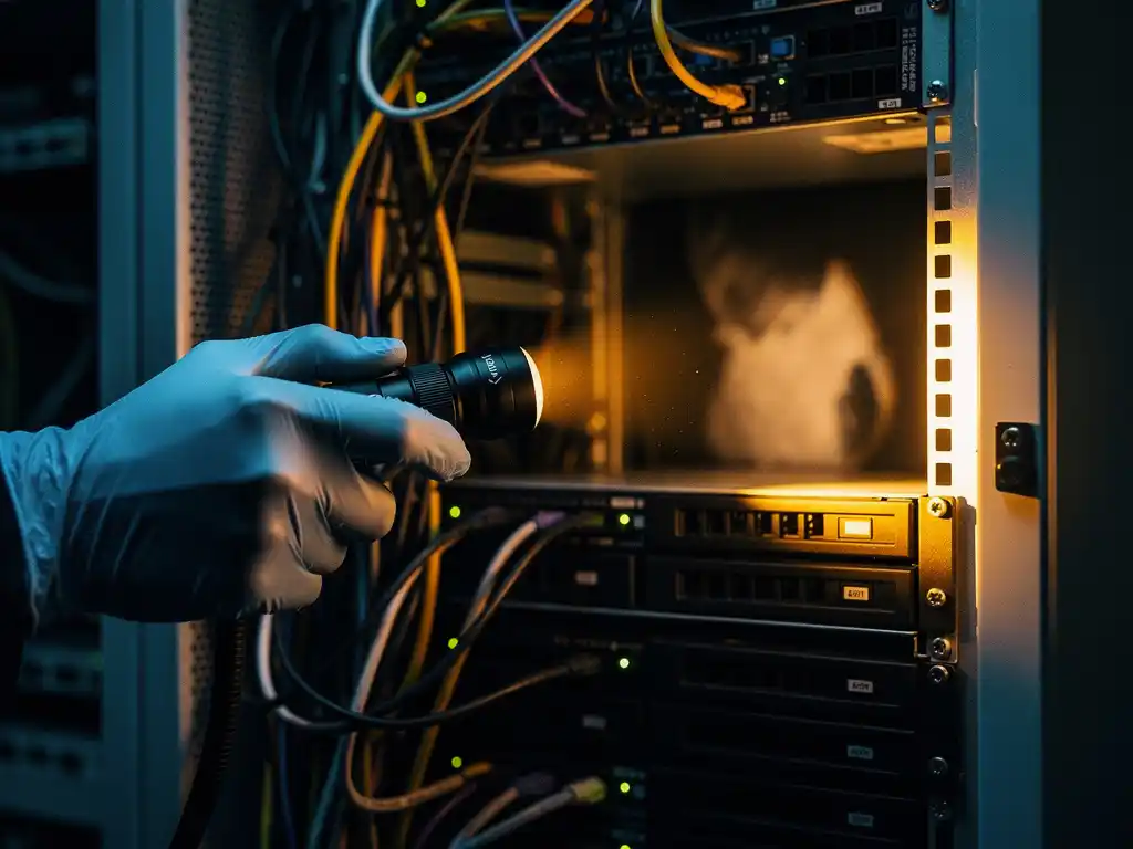 Gehandschoende hand met forensische zaklamp die het binnenste van een serverrack verlicht, kabels en schijfbaaien in amberkleurig licht.