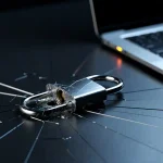Gebarsten open hangslot op donker bureau naast laptop met blauw scherm, symboliseert een datalek of cyberaanval.