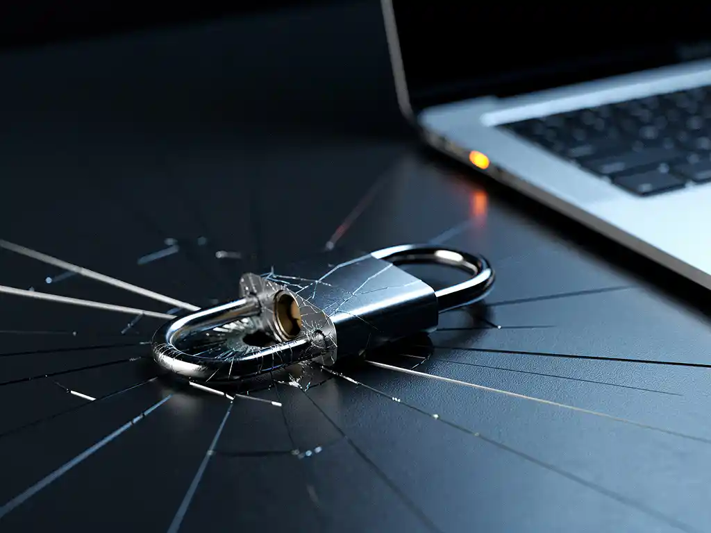 Gebarsten open hangslot op donker bureau naast laptop met blauw scherm, symboliseert een datalek of cyberaanval.