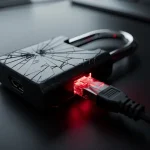Gebarsten digitaal hangslot op donker bureau met rood waarschuwingslicht en loshangende ethernetkabel, symbool van cyberbeveiliging.