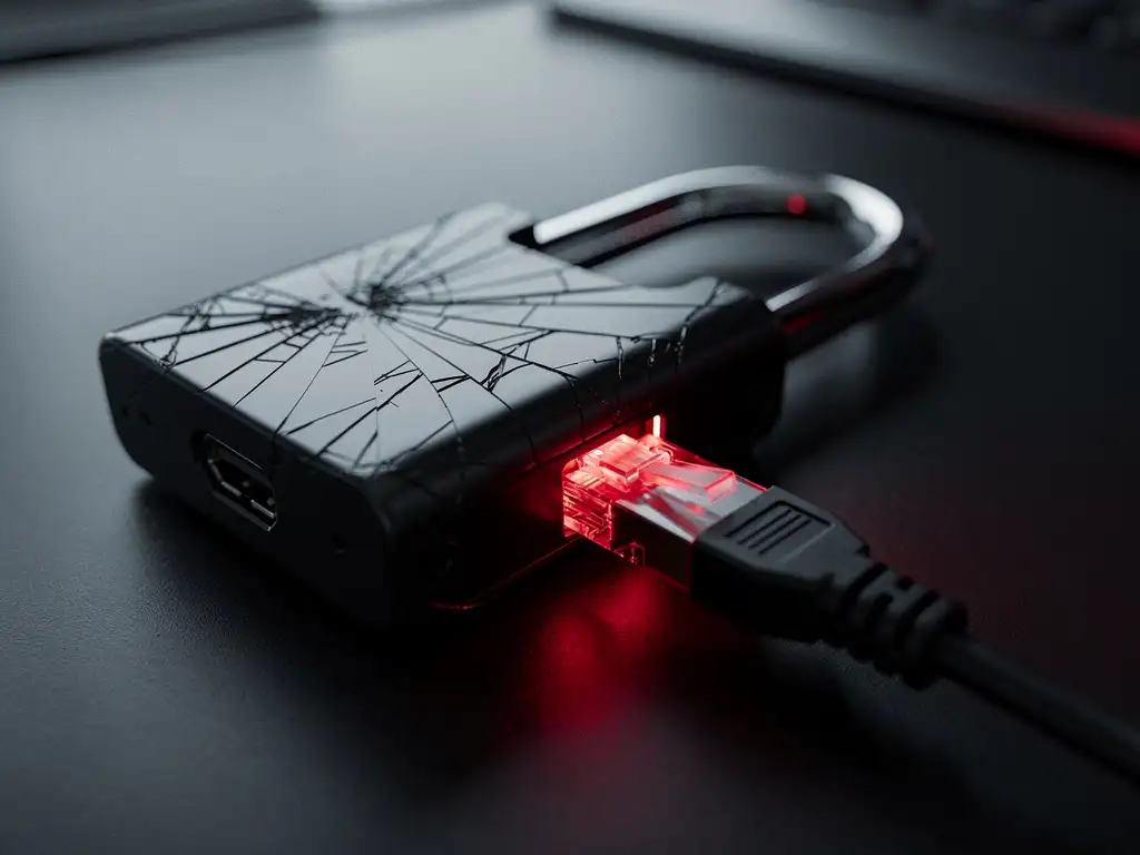 Gebarsten digitaal hangslot op donker bureau met rood waarschuwingslicht en loshangende ethernetkabel, symbool van cyberbeveiliging.