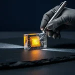 Gehandschoende hand die met een precisielamp haarscheurtjes inspecteert in een glazen kluis met gloeiende amber datachip.