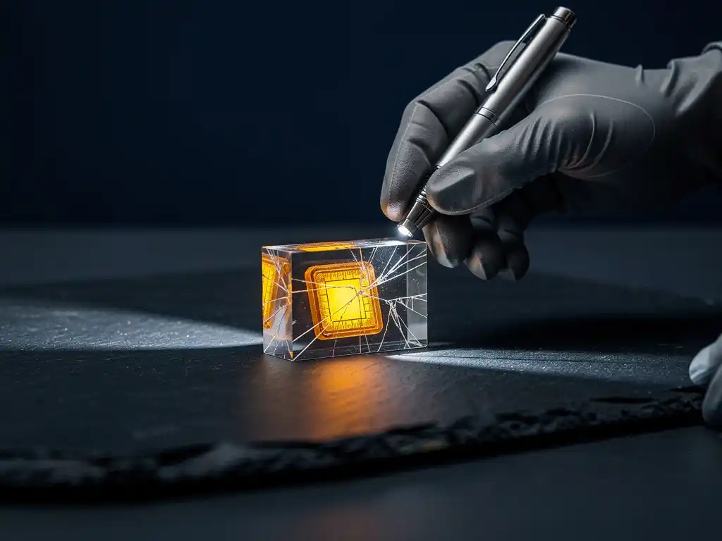Gehandschoende hand die met een precisielamp haarscheurtjes inspecteert in een glazen kluis met gloeiende amber datachip.