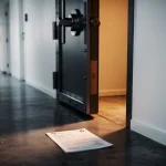 Zware stalen kluisdeur op een kier in een moderne kantoorgang, met warm licht en een officieel document op de betonnen vloer.