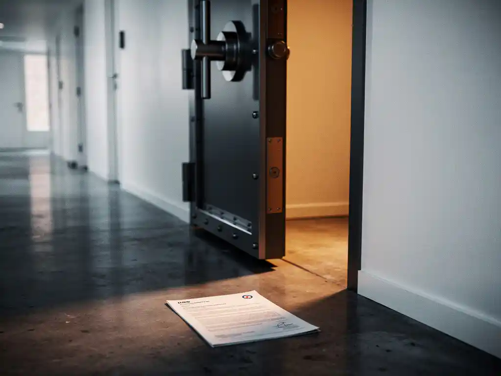 Zware stalen kluisdeur op een kier in een moderne kantoorgang, met warm licht en een officieel document op de betonnen vloer.