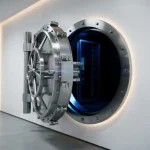 Zware stalen kluisdeur op een kier met blauw serverlicht dat naar buiten gloeit, gemonteerd op een witte muur in modern kantoor.