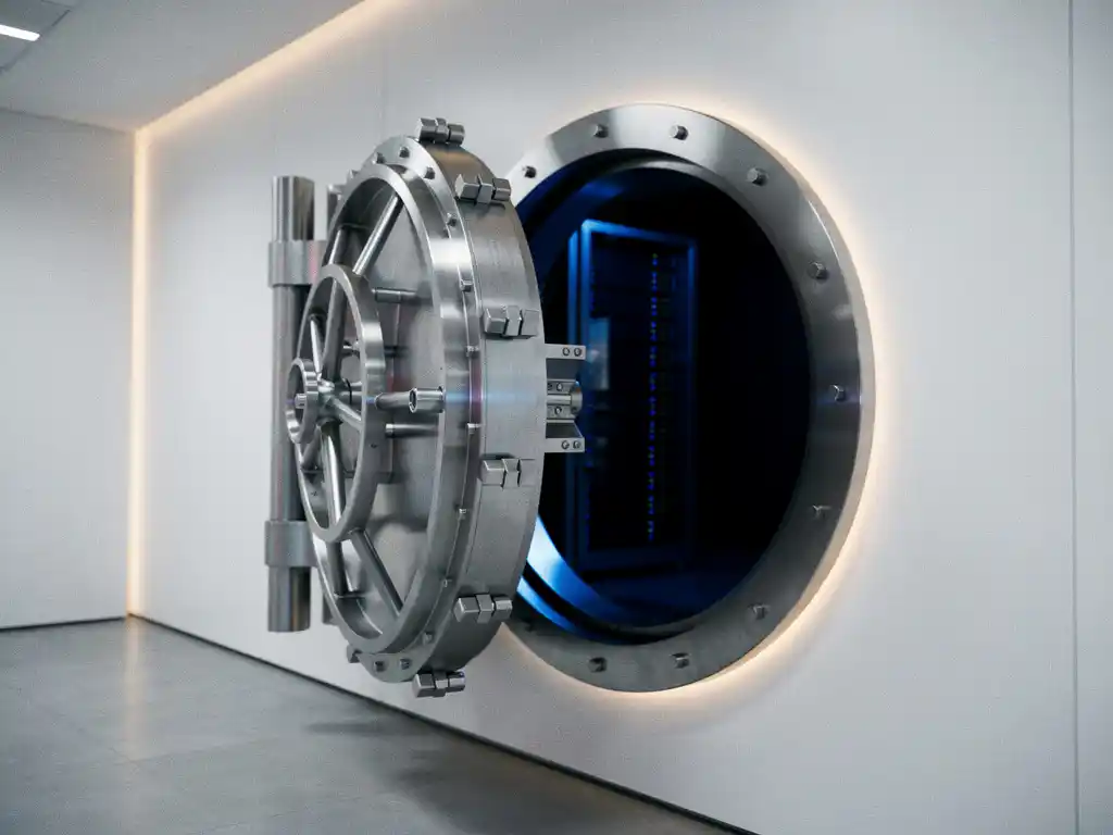 Zware stalen kluisdeur op een kier met blauw serverlicht dat naar buiten gloeit, gemonteerd op een witte muur in modern kantoor.