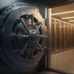 Openstaande zware stalen kluisdeur met zichtbare grendels en vraagteken, warme serverruimte zichtbaar op de achtergrond.