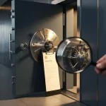 Stalen kluisdeur op een kier met verzekeringsformulier op klembord en vergrootglas op slotmechanisme.