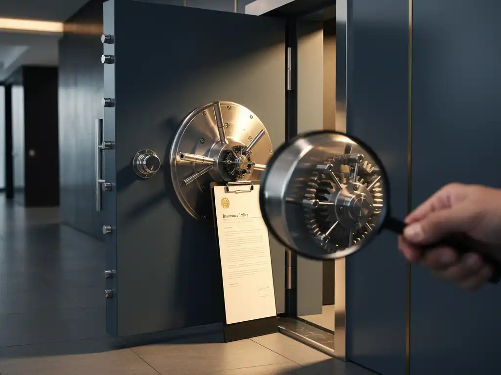 Stalen kluisdeur op een kier met verzekeringsformulier op klembord en vergrootglas op slotmechanisme.