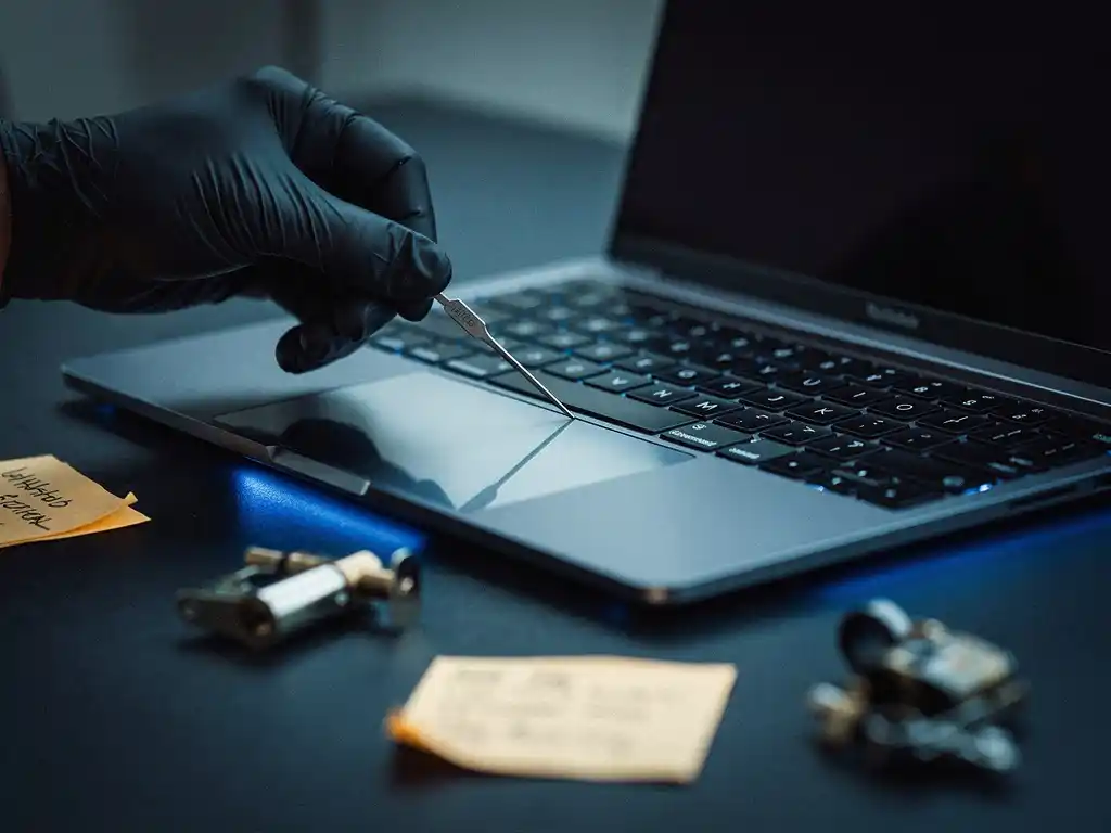 Gehandschoende hand die met een metalen pick een laptoptoetsenbord onderzoekt, blauwe schermgloed op donker bureau met sticky notes en slot.