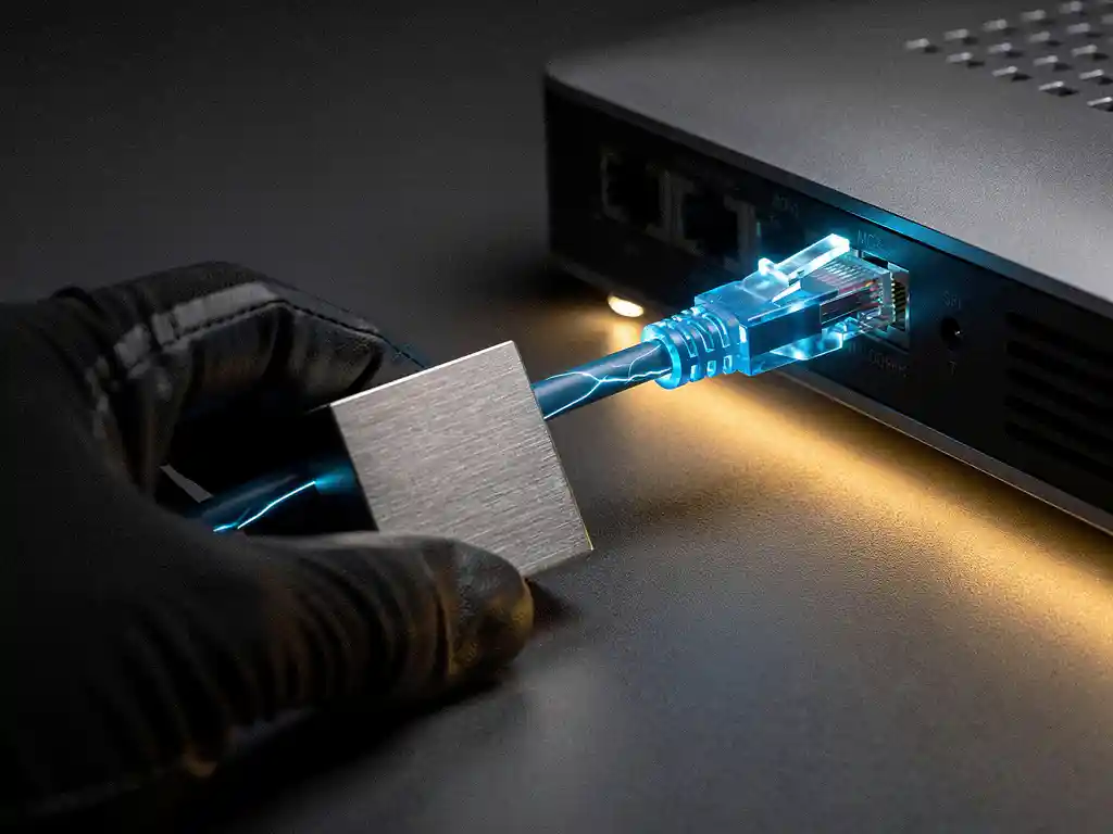 Gehandschoende hand met hangslot bij verlichte ethernetkabel in router, symboliseert netwerkbeveiliging in dramatisch amberkleurig licht.
