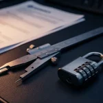 Precisie-meetinstrument en klein hangslot naast een beveiligingsauditrapport op donker bureau, amber lichtaccent.