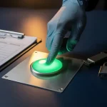 Gehandschoende hand die op een groene startknop drukt op een serverpaneel, met checklist, USB-sleutel en hangslot op donker bureau.