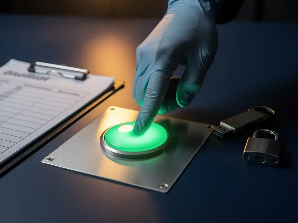 Gehandschoende hand die op een groene startknop drukt op een serverpaneel, met checklist, USB-sleutel en hangslot op donker bureau.