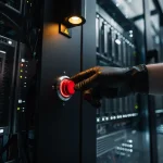 Gehandschoende hand die op een rode testknop drukt op een zwart serverpaneel in een donker datacenter met rijen knipperende servers.