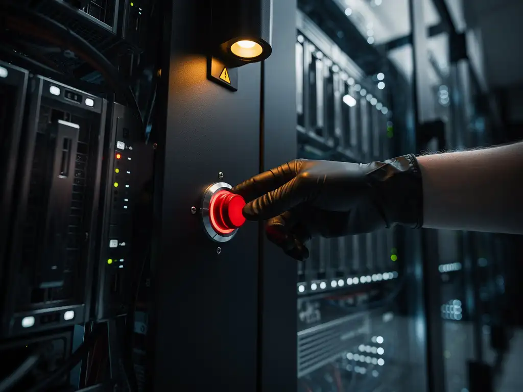 Gehandschoende hand die op een rode testknop drukt op een zwart serverpaneel in een donker datacenter met rijen knipperende servers.
