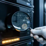 Gehandschoende hand met vergrootglas boven serverrack, microscopische scheuren en roest zichtbaar onder gepolijst oppervlak, serverruimte.