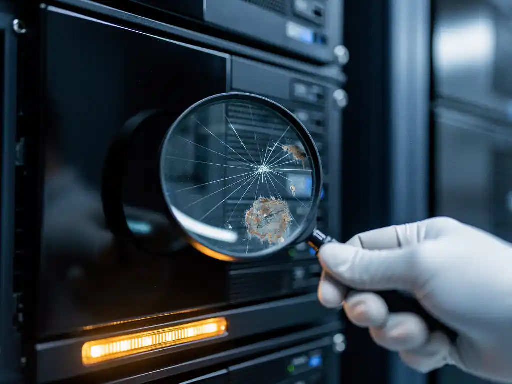Gehandschoende hand met vergrootglas boven serverrack, microscopische scheuren en roest zichtbaar onder gepolijst oppervlak, serverruimte.