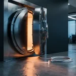 Zware stalen kluisdeur op een kier in modern kantoor, warm amberkleurig licht op betonnen vloer, ethernet­kabel naast de drempel.