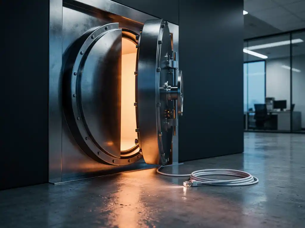 Zware stalen kluisdeur op een kier in modern kantoor, warm amberkleurig licht op betonnen vloer, ethernet­kabel naast de drempel.