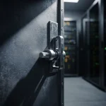 Zware stalen kluisdeur op een kier met nieuw geïnstalleerde grendel in donkere serverruimte met knipperende racklichten op de achtergrond.