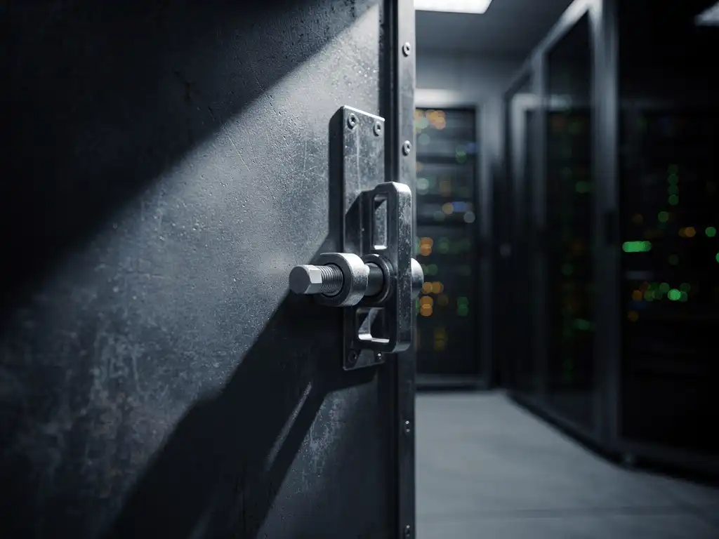 Zware stalen kluisdeur op een kier met nieuw geïnstalleerde grendel in donkere serverruimte met knipperende racklichten op de achtergrond.