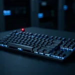 Toetsenbord verlicht door koud blauw licht met rode waarschuwingsreflectie, donkere serverruimte op de achtergrond, sfeer van cyberinbraak.
