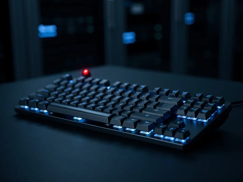 Toetsenbord verlicht door koud blauw licht met rode waarschuwingsreflectie, donkere serverruimte op de achtergrond, sfeer van cyberinbraak.