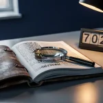 Versleten leren beleidsbinder open op modern bureau met vergrootglas op gedrukte tekst en digitale kalender met verlopen datum.
