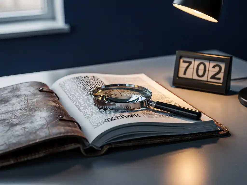 Versleten leren beleidsbinder open op modern bureau met vergrootglas op gedrukte tekst en digitale kalender met verlopen datum.