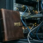 Leren beleidsmap met combinatieslot tegen serverrack, omgeven door ethernetkabels in een moderne enterprise-omgeving.