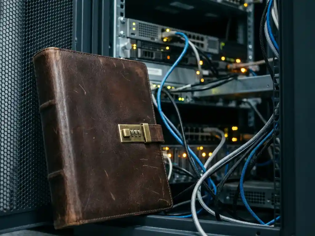 Leren beleidsmap met combinatieslot tegen serverrack, omgeven door ethernetkabels in een moderne enterprise-omgeving.
