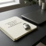 Formeel beleidsdocument op wit papier op modern bureau, met laptop en hangslot als briefhouder, in leisteen- en gebroken wittinten.