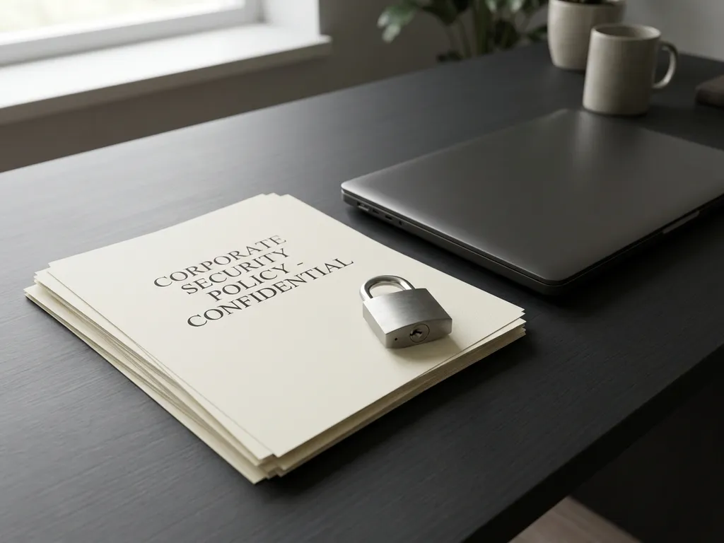 Formeel beleidsdocument op wit papier op modern bureau, met laptop en hangslot als briefhouder, in leisteen- en gebroken wittinten.