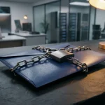 Verzegelde envelop op leisteen bureau vastgemaakt met metalen hangslot en ketting, symbool voor e-mailbeveiliging.