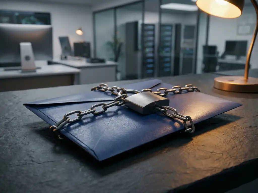 Verzegelde envelop op leisteen bureau vastgemaakt met metalen hangslot en ketting, symbool voor e-mailbeveiliging.