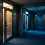 Beveiligde gang met zware glazen deuren die zones scheiden, verlicht door warm amber licht dat overgaat in koel blauw.