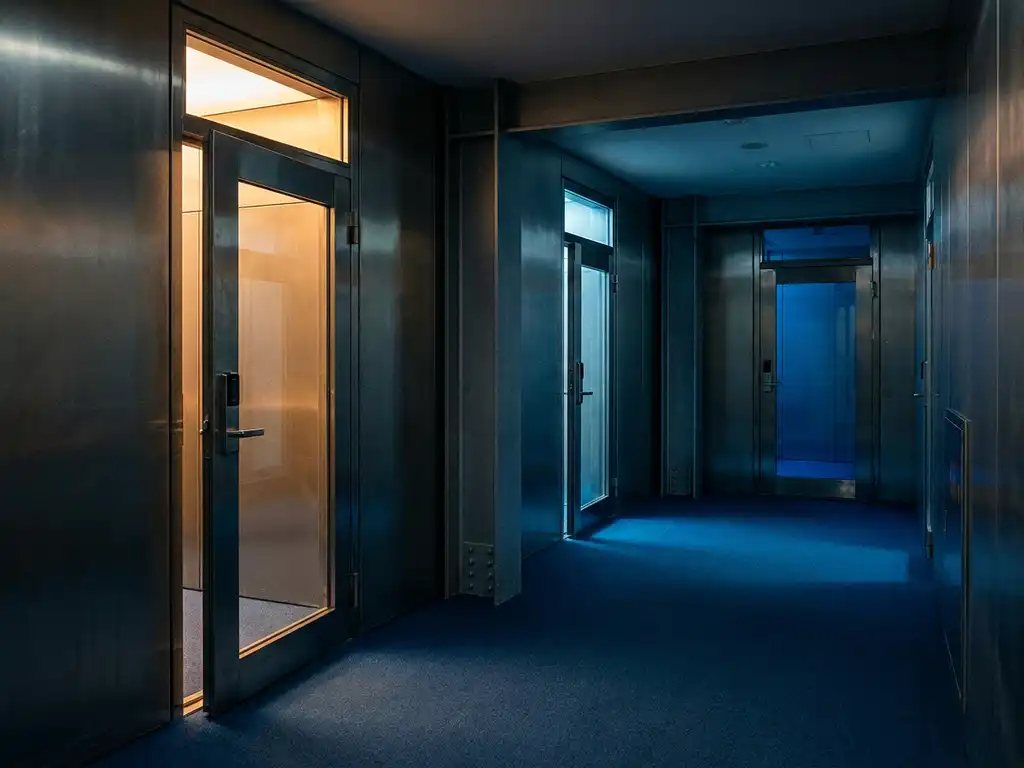 Beveiligde gang met zware glazen deuren die zones scheiden, verlicht door warm amber licht dat overgaat in koel blauw.