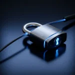 Gloeiend blauw hangslot op een donkere glasvezelkabel, symboliseert digitale beveiliging en dataencryptie.