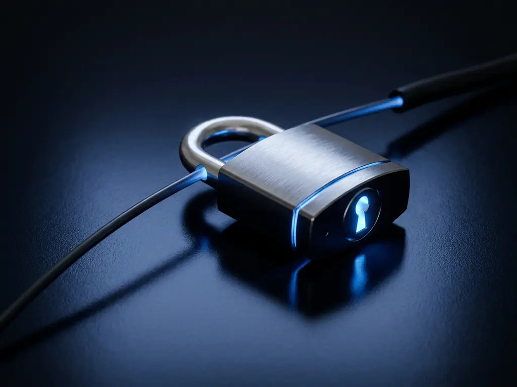 Gloeiend blauw hangslot op een donkere glasvezelkabel, symboliseert digitale beveiliging en dataencryptie.