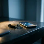 Verweerde messing hangslot op donker bureau naast smartphone met authenticatiecode, zachte spotlight en stalen blauwtinten.