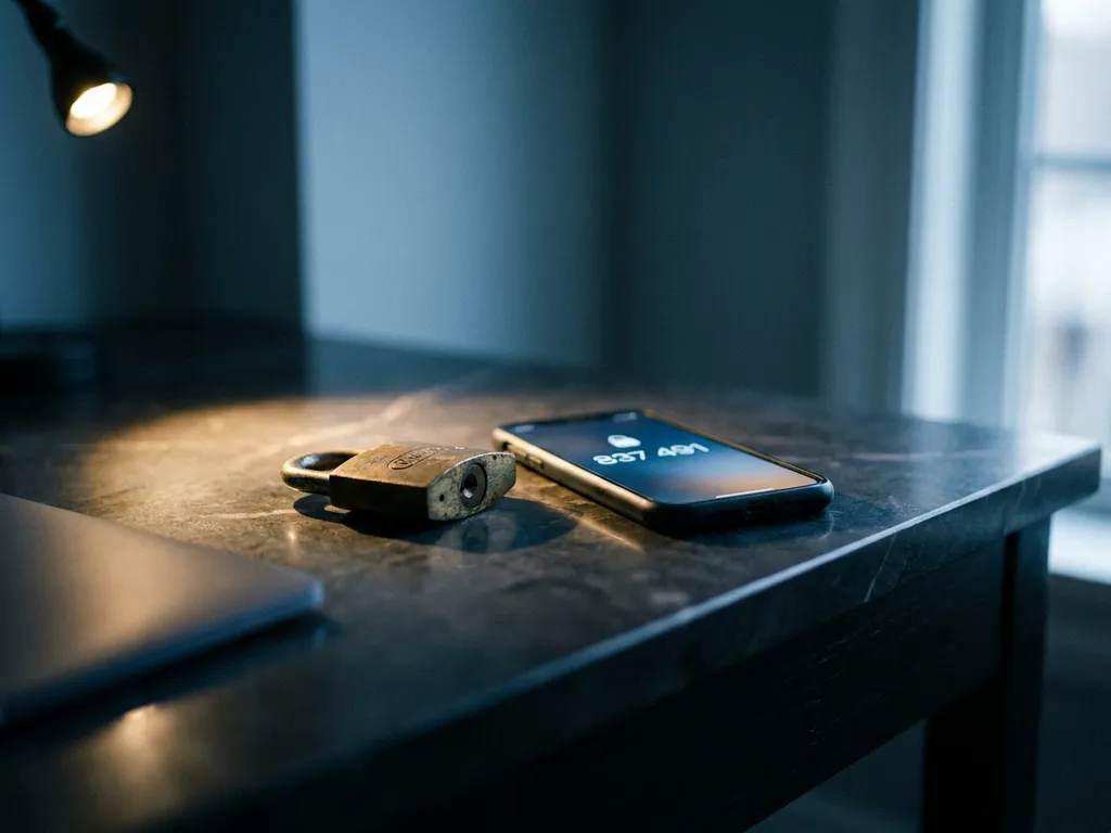 Verweerde messing hangslot op donker bureau naast smartphone met authenticatiecode, zachte spotlight en stalen blauwtinten.
