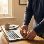 Ondernemer plaatst hangslot naast laptop op houten bureau, symboliseert digitale beveiliging voor kleine bedrijven.
