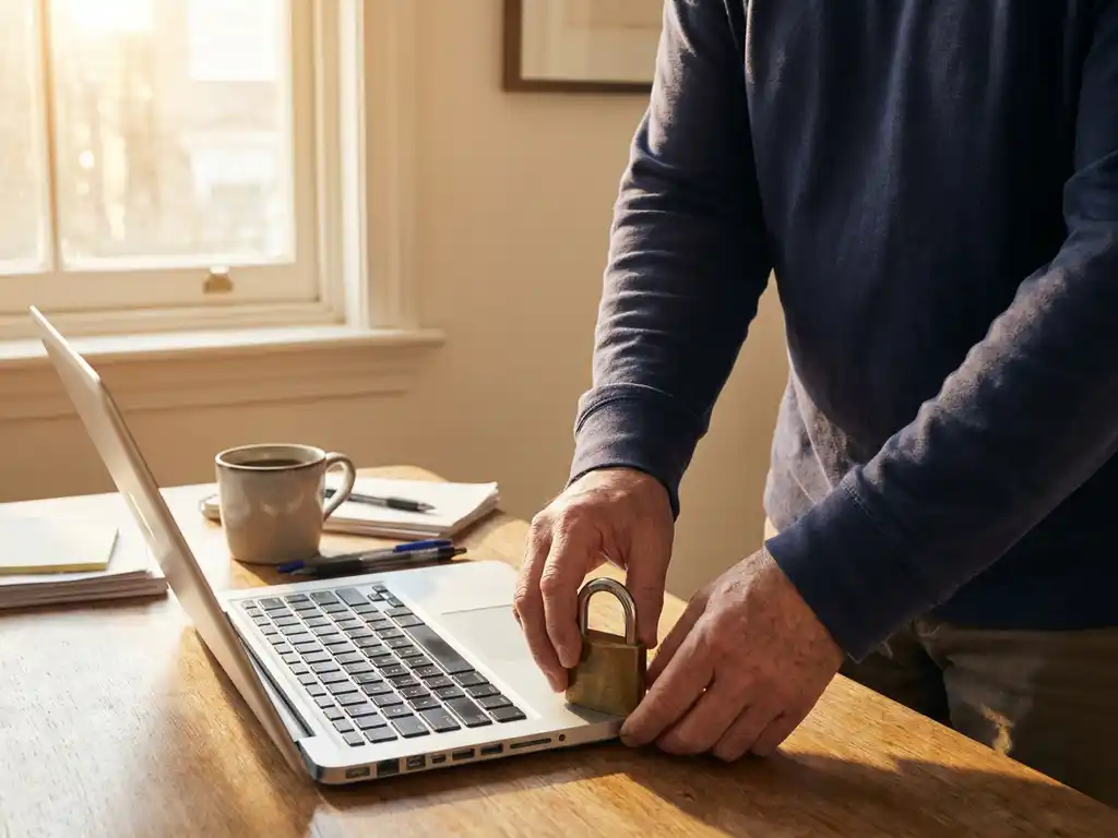 Ondernemer plaatst hangslot naast laptop op houten bureau, symboliseert digitale beveiliging voor kleine bedrijven.