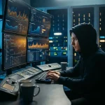 Beveiligingsanalist in donkere controlekamer met meerdere monitors die netwerkactiviteit tonen, geconcentreerde blik, dramatisch zijlicht.