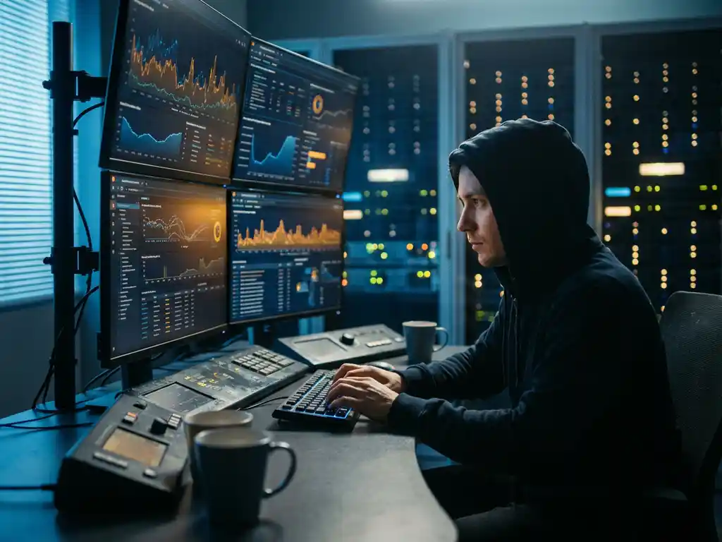 Beveiligingsanalist in donkere controlekamer met meerdere monitors die netwerkactiviteit tonen, geconcentreerde blik, dramatisch zijlicht.
