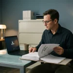 Beveiligingsauditor bestudeert compliance-map naast laptop op glazen bureau, met slotvormig decoratie-object op de achtergrond.