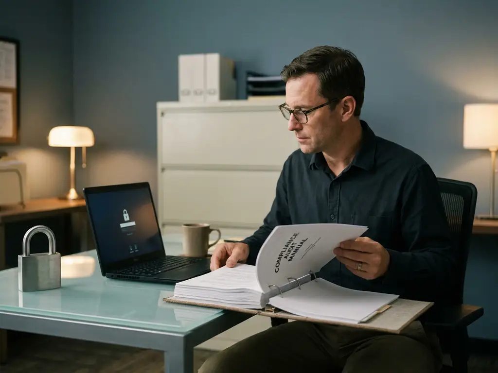 Beveiligingsauditor bestudeert compliance-map naast laptop op glazen bureau, met slotvormig decoratie-object op de achtergrond.